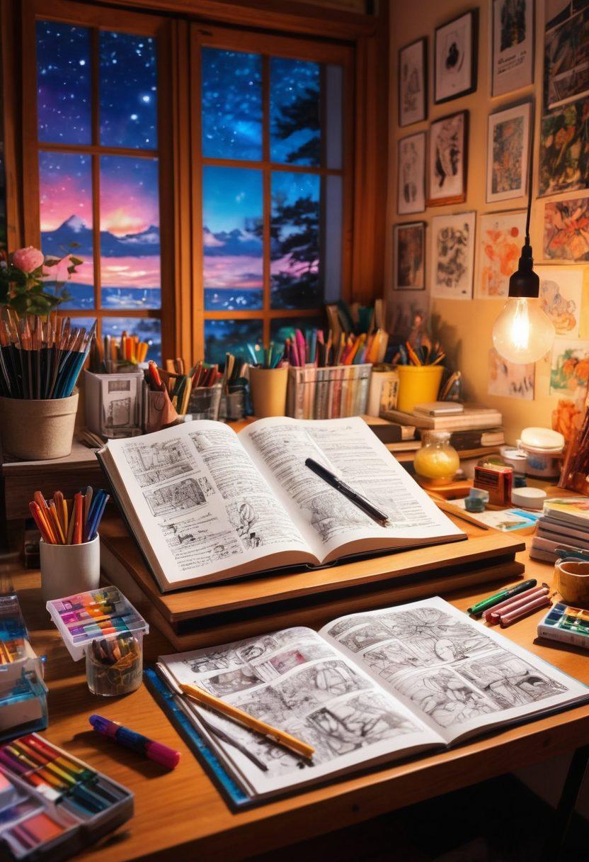 A captivating scene featuring an open manga book filled with colorful and intricate hentai illustrations, surrounded by vibrant art supplies like markers and paintbrushes. Soft ambient lighting sets a warm atmosphere, while a hint of fantasy elements, like whimsical creatures or dreamy landscapes, subtly envelops the background. Include an inviting workspace setting with hints of creativity, like sketches and inspired notes scattered around. super-realistic. vibrant colors. cozy atmosphere.