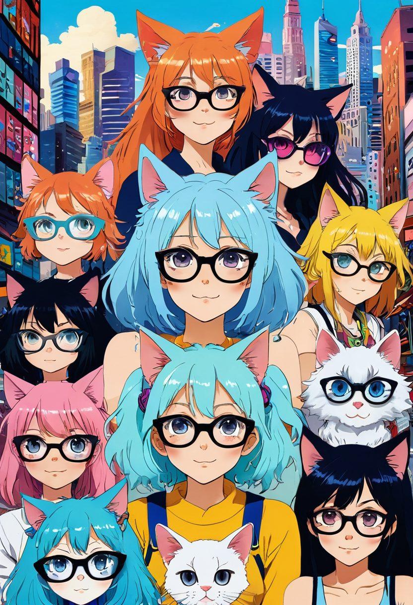 An artistic collage showcasing a variety of mature manga and adult anime characters, with diverse expressions of mischief and allure. The background features colorful, whimsical cityscapes that hint at a vibrant underground culture. Incorporate elements like playful cat ears, oversized glasses, and seductive poses to enhance the naughtiness theme. Use a mixture of soft pastels and bold colors for an eye-catching visual. digital art. vibrant colors. whimsical style.